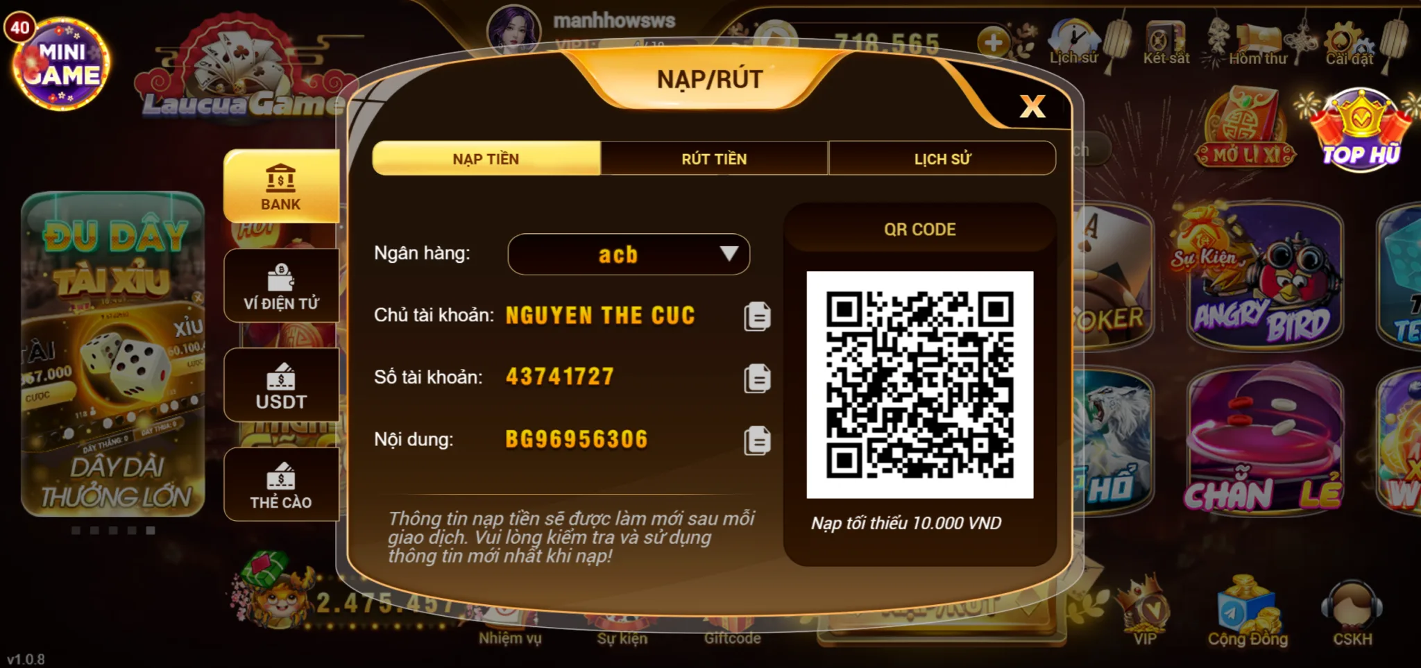 nạp tiền bank tại Laucuagame