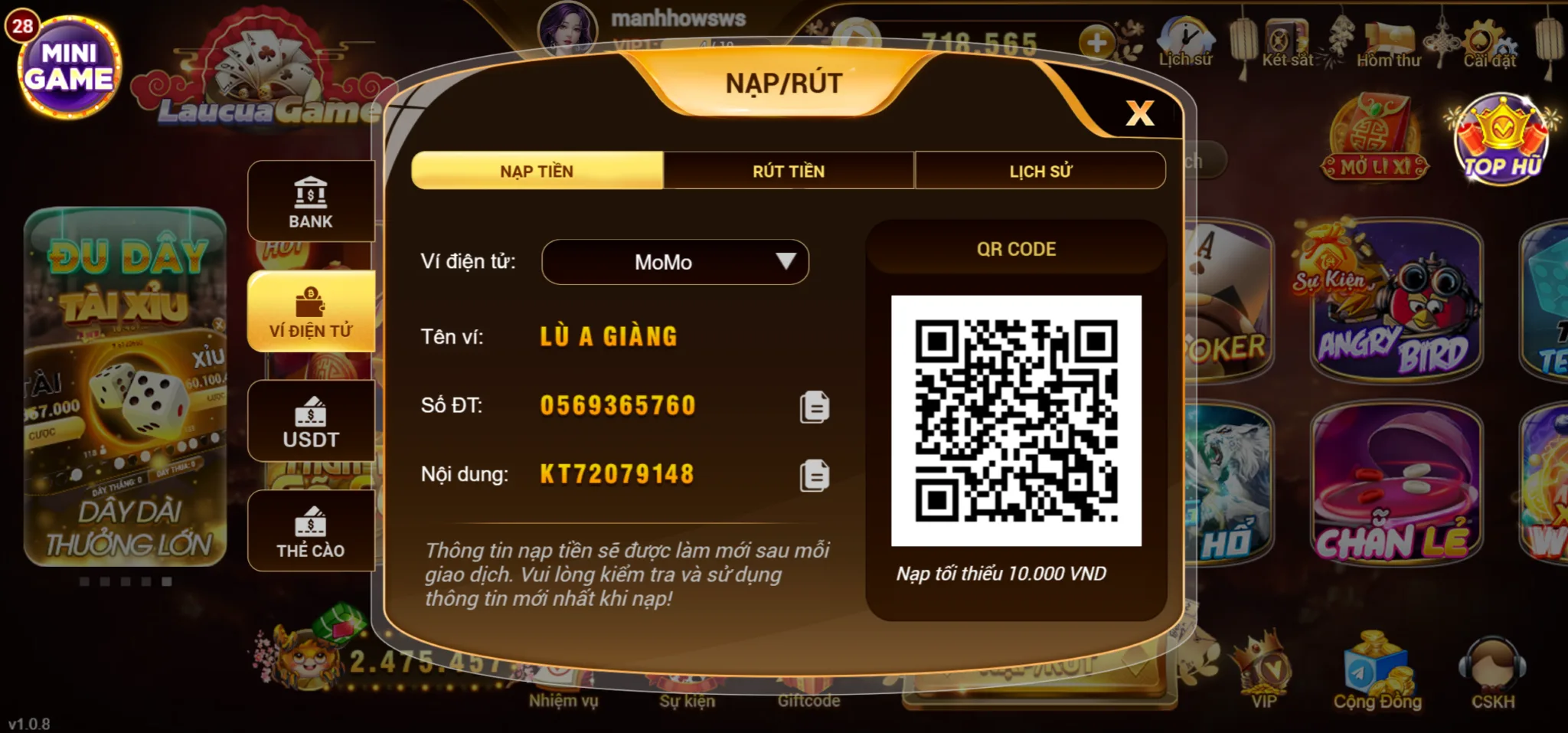 nạp ví điện tử tại Laucuagame