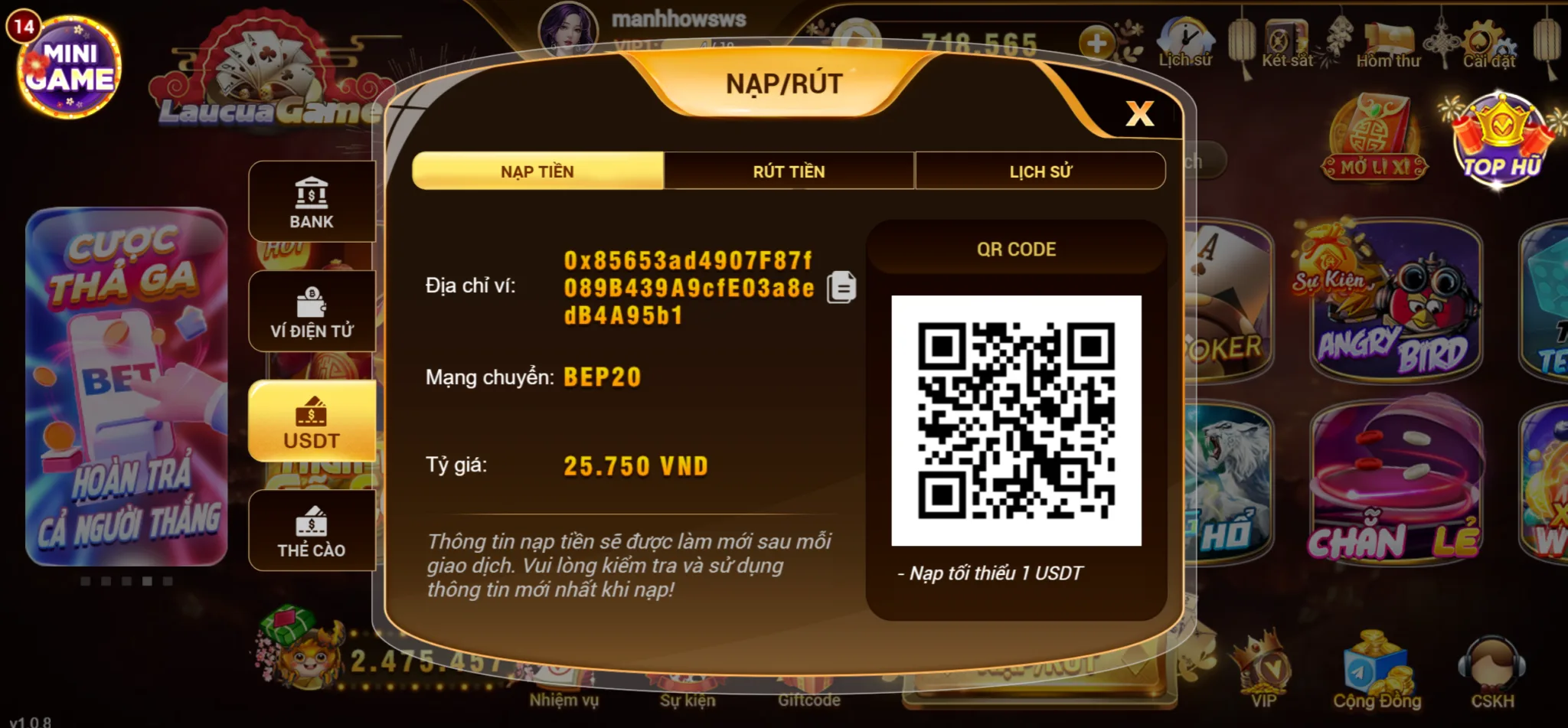 nạp USDT tại Laucuagame