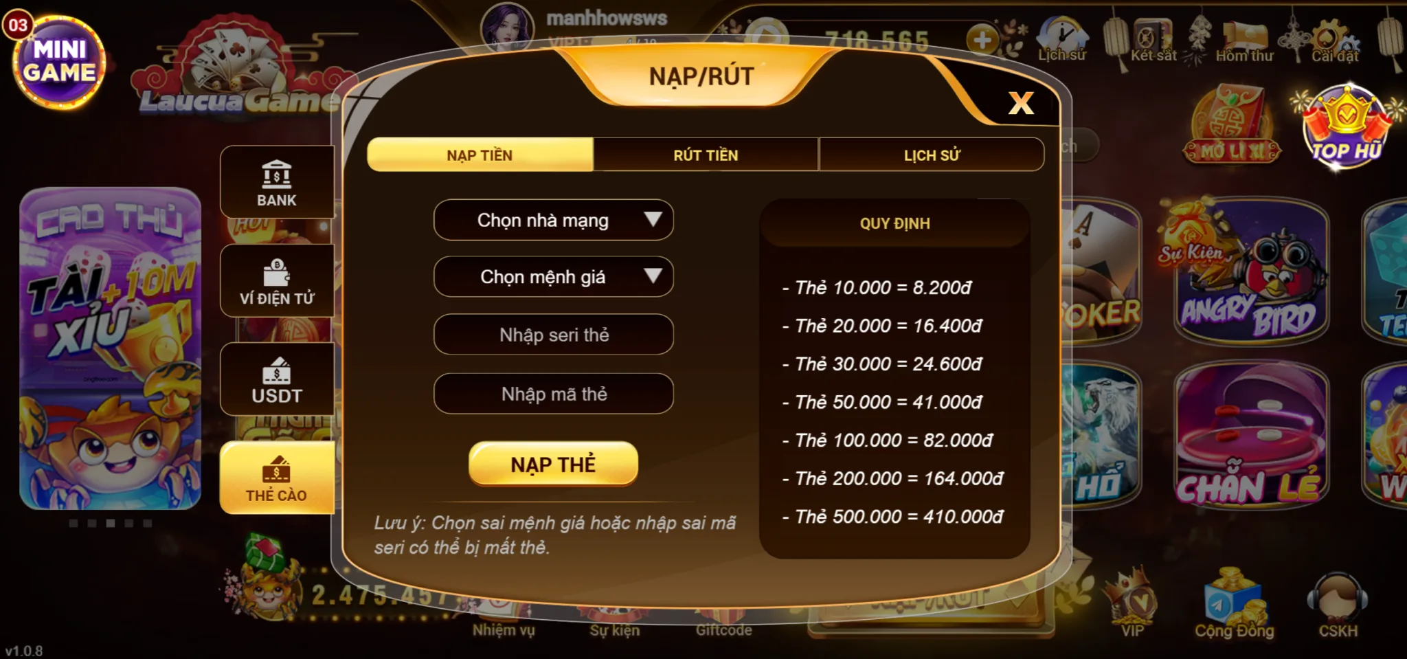 Nạp thẻ cào tại Laucuagame