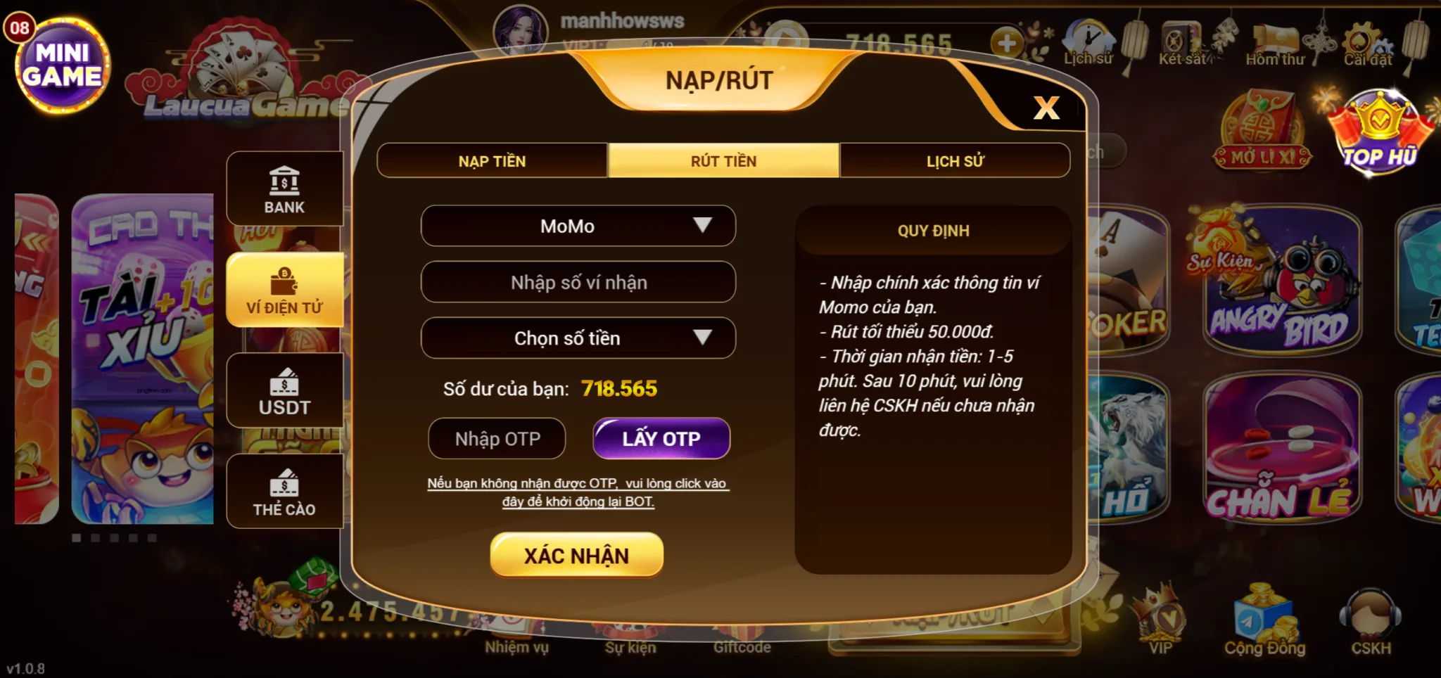 rút tiền momo laucuagame