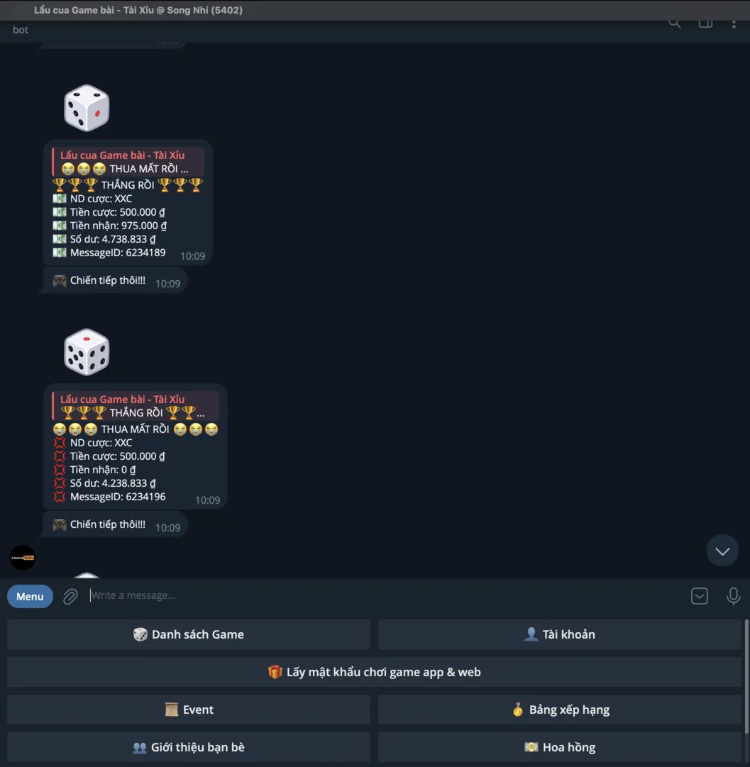 Giao diện trò chơi tài xỉu Telegram tại Laucuagame