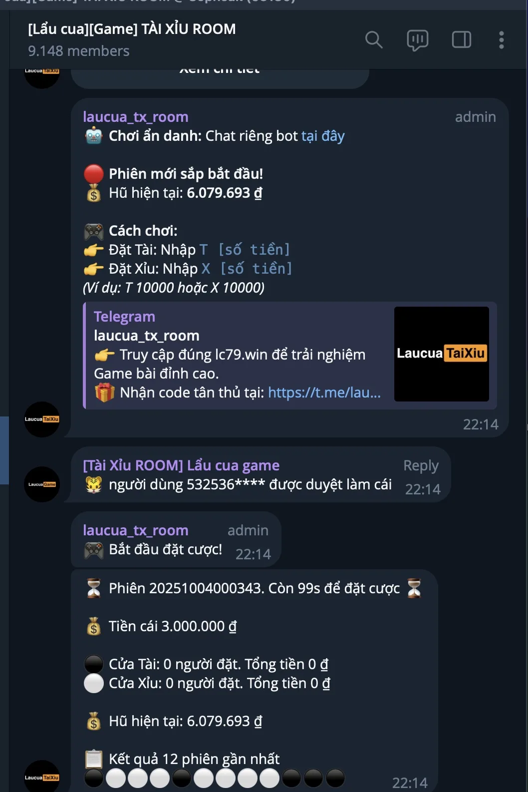 Tài xỉu room Telegram uy tín – Nhóm Lẩu Cua Game, tổng kết minh bạch, kèo rõ ràng