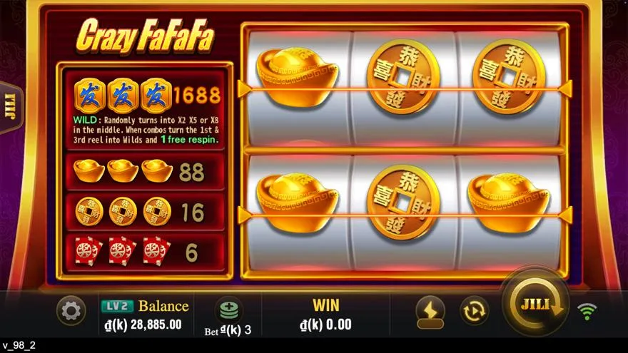 Ảnh bảng biểu tượng & tính năng game Crazy FaFaFa (slot JILI) chơi tại Laucuagame