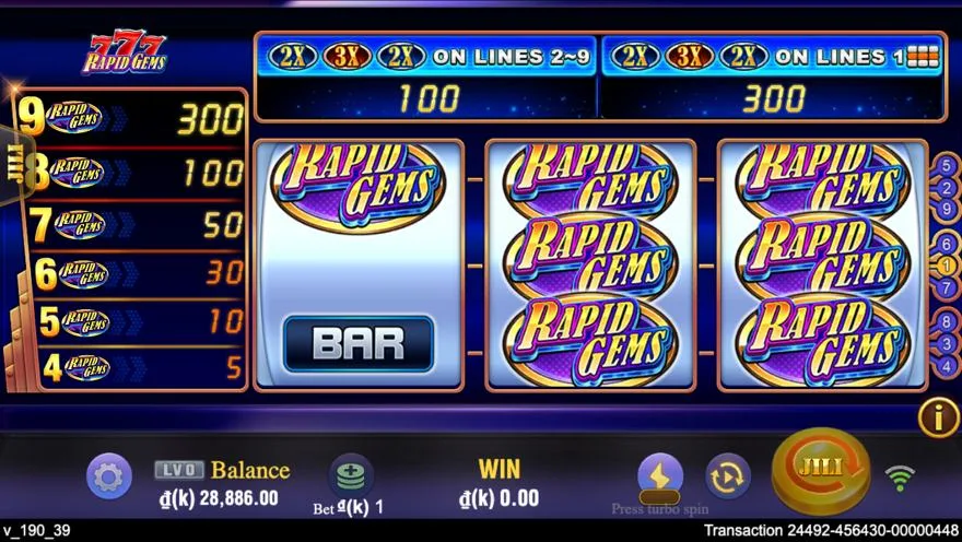 Ảnh bảng biểu tượng & tính năng game Rapid Gems 777 (slot JILI) chơi tại LC79